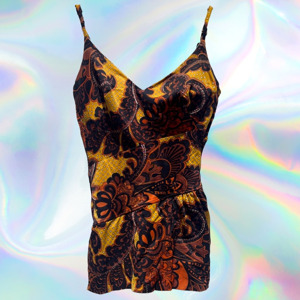 60s Brown and Yellow Multi-Print Skirted Swimsuit